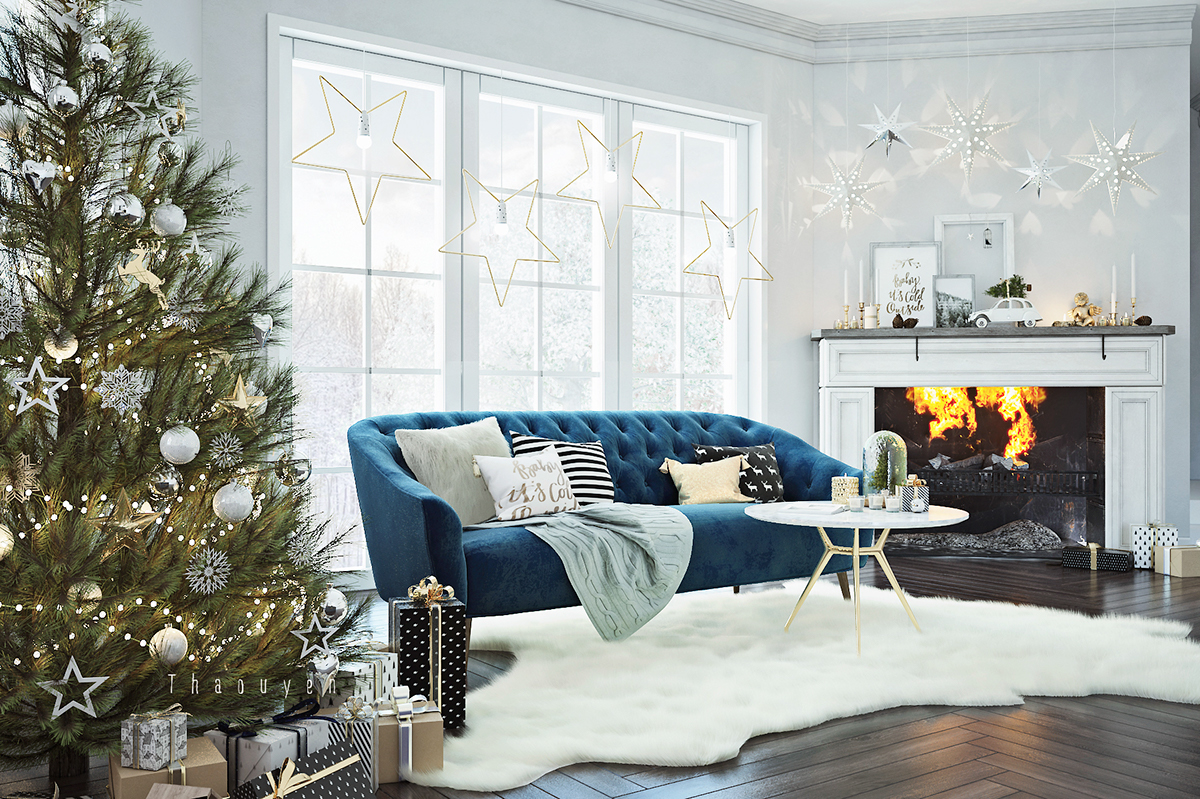 Christmas blue interior design  winter Scandinavian