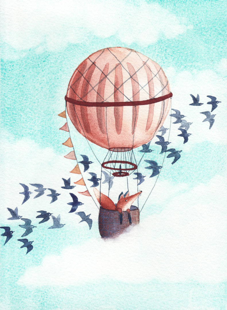An illustration of a fox flying in a hot air balloon