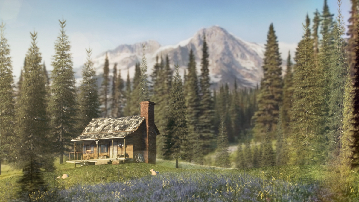 CG lighting 3D rendering imaginary forest cabin woods