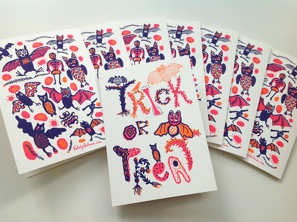 Bats Halloween hand-lettering orange pink printmaking silkscreen cards Holiday holiday cards  animals Nature owls