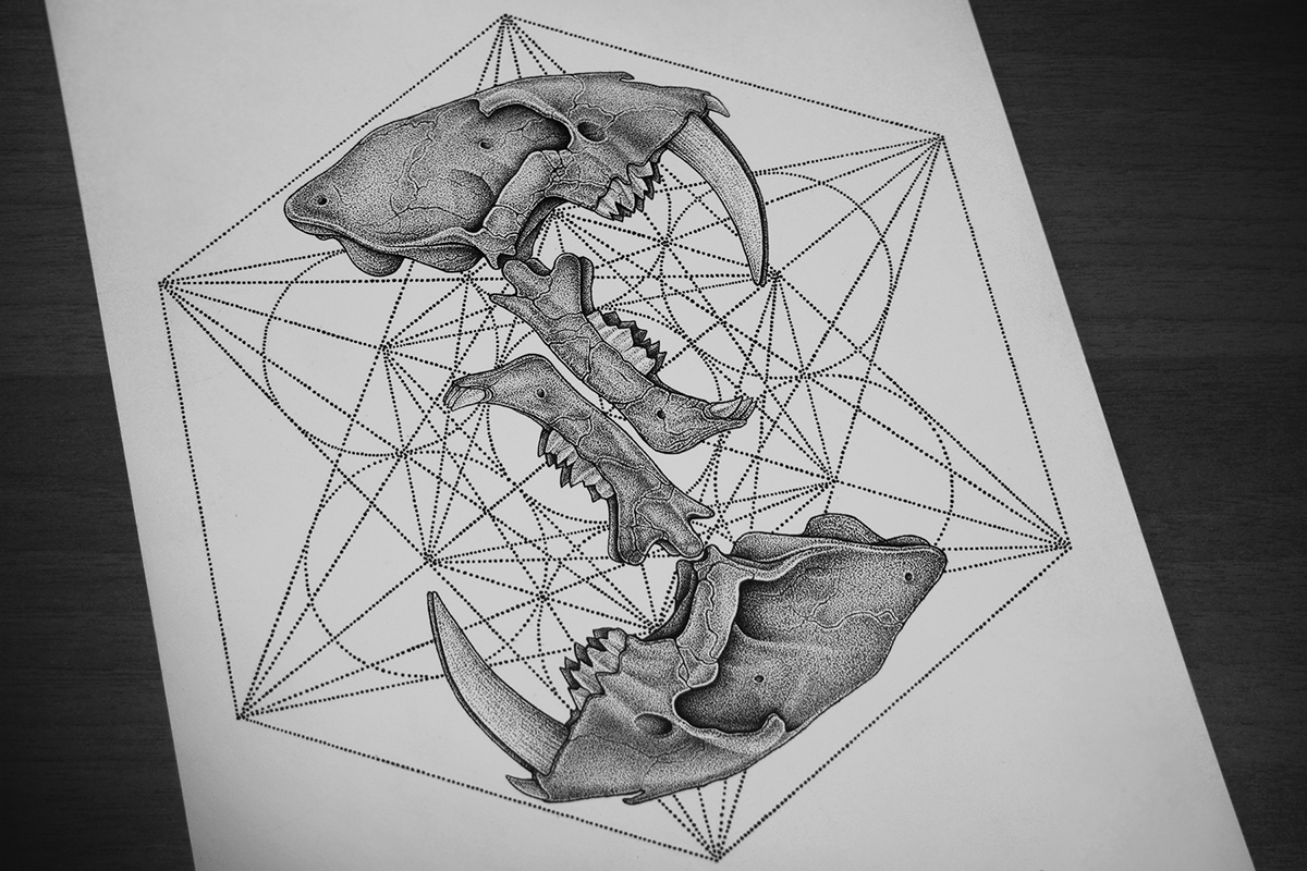 dotwork stippling skulls darkart cat skulls saber-toothed metatron Pointillism music art art print design