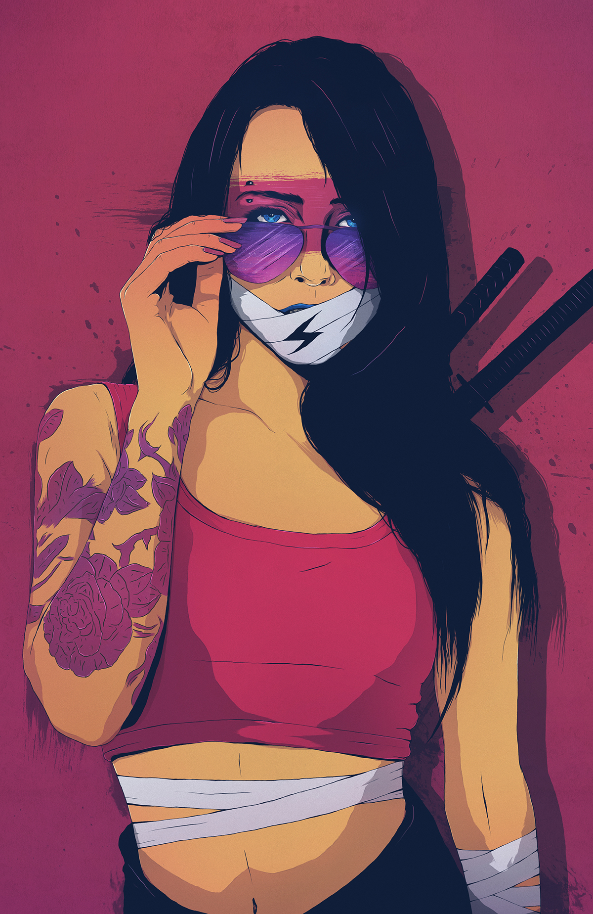 portrait assassin shinobi colors piercing tattoo beauty Shades blades Swords girl woman bandage wraps eyes