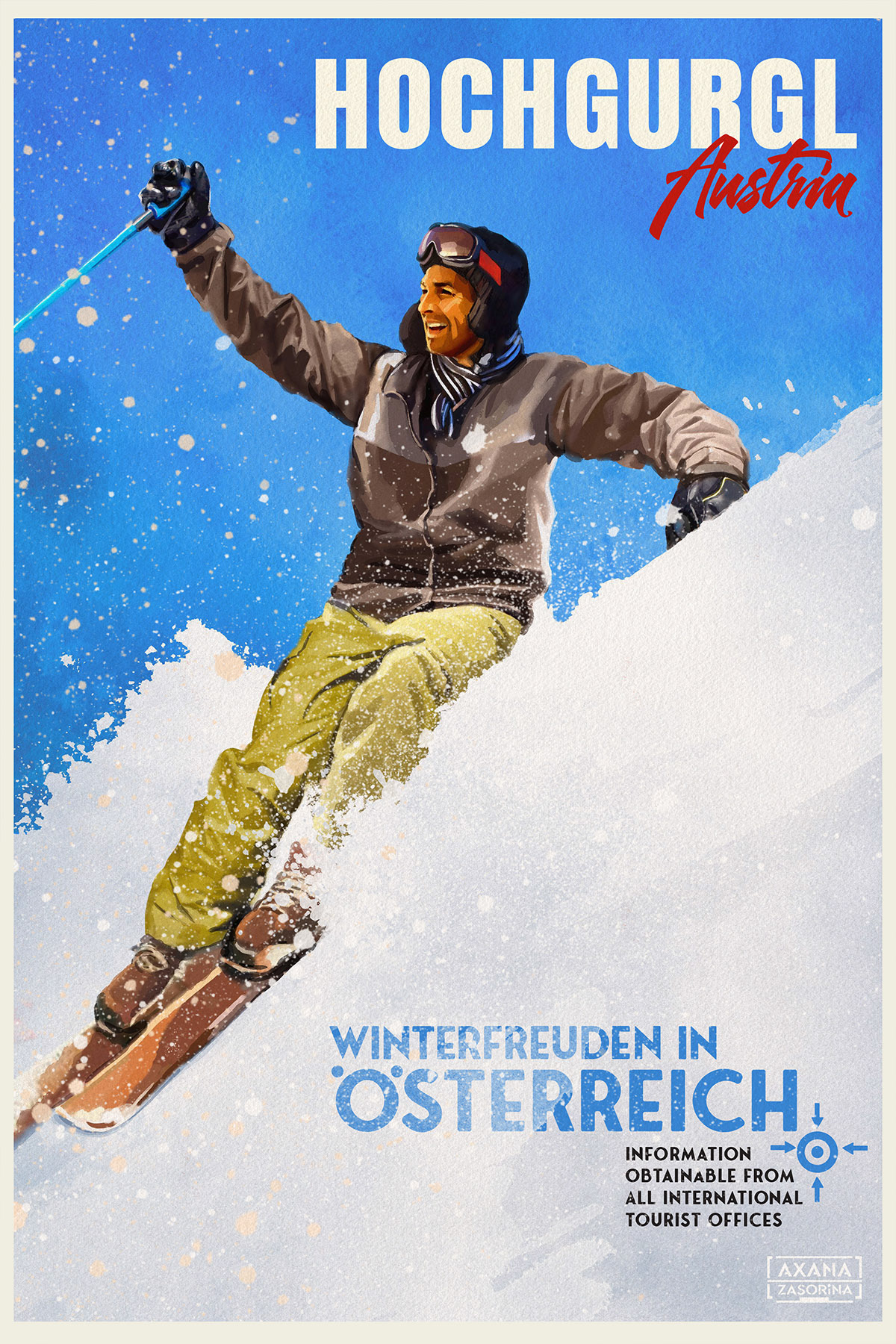 Retro oldscool Travel poster vintage girl Ski winter paint