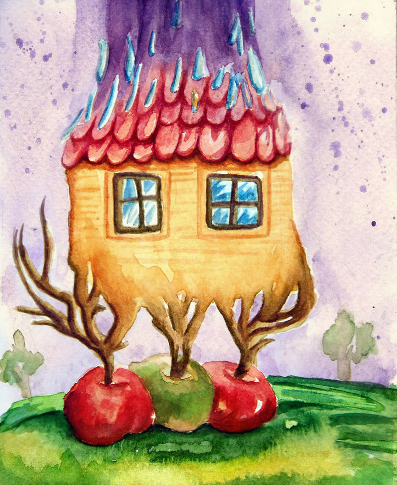 Apple tree house grows from fresh apples in the rain.