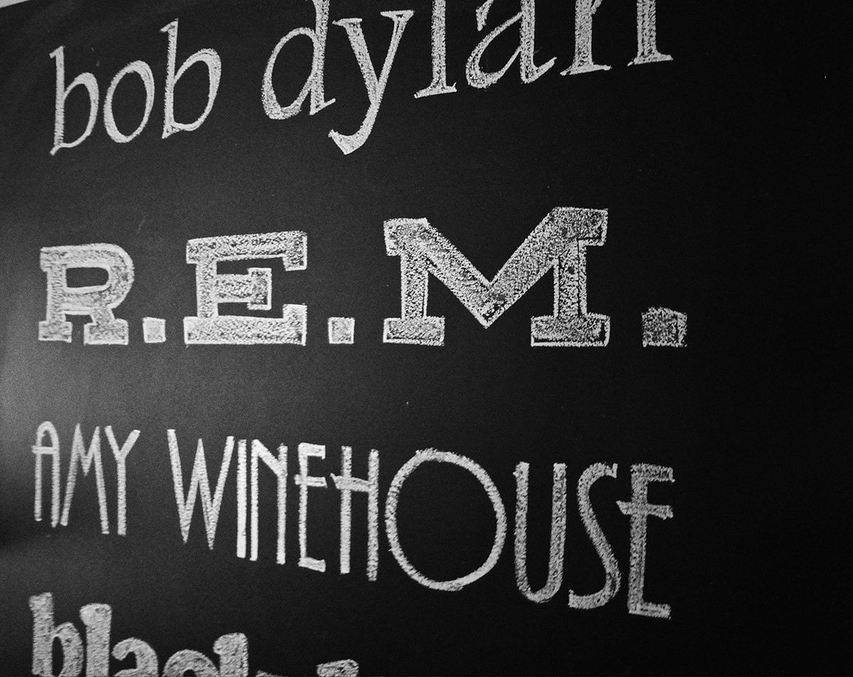 black & white chalk handmade lettering pop portrait Adele Amy bob dylan morrissey nirvana R.E.M. Black Keys Mural