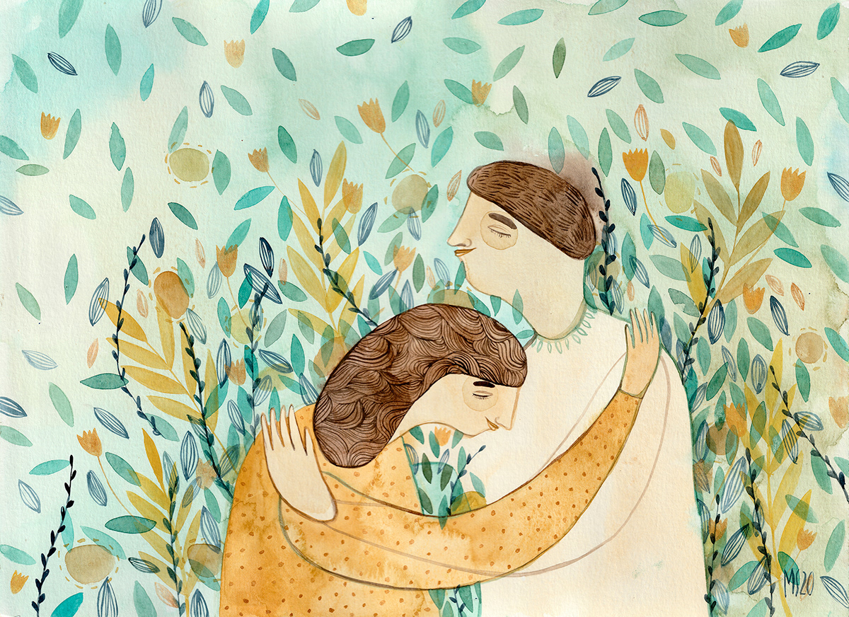 couple friendship holding hug Love painting   plants Tender time watercolour