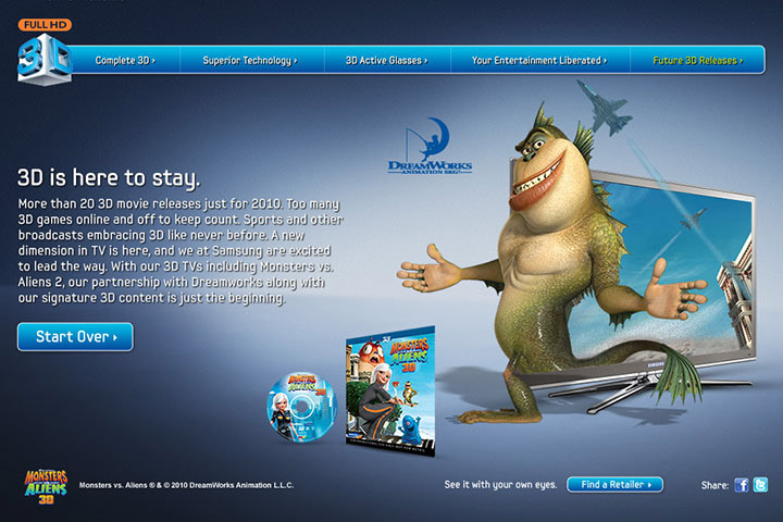Samsung 3d tv SAMSUNG 3D blue gradient dreamworks Monsters vs Aliens 3D led tv Digital Advertising digital campaign microsite Flash 3D Papervision 3D