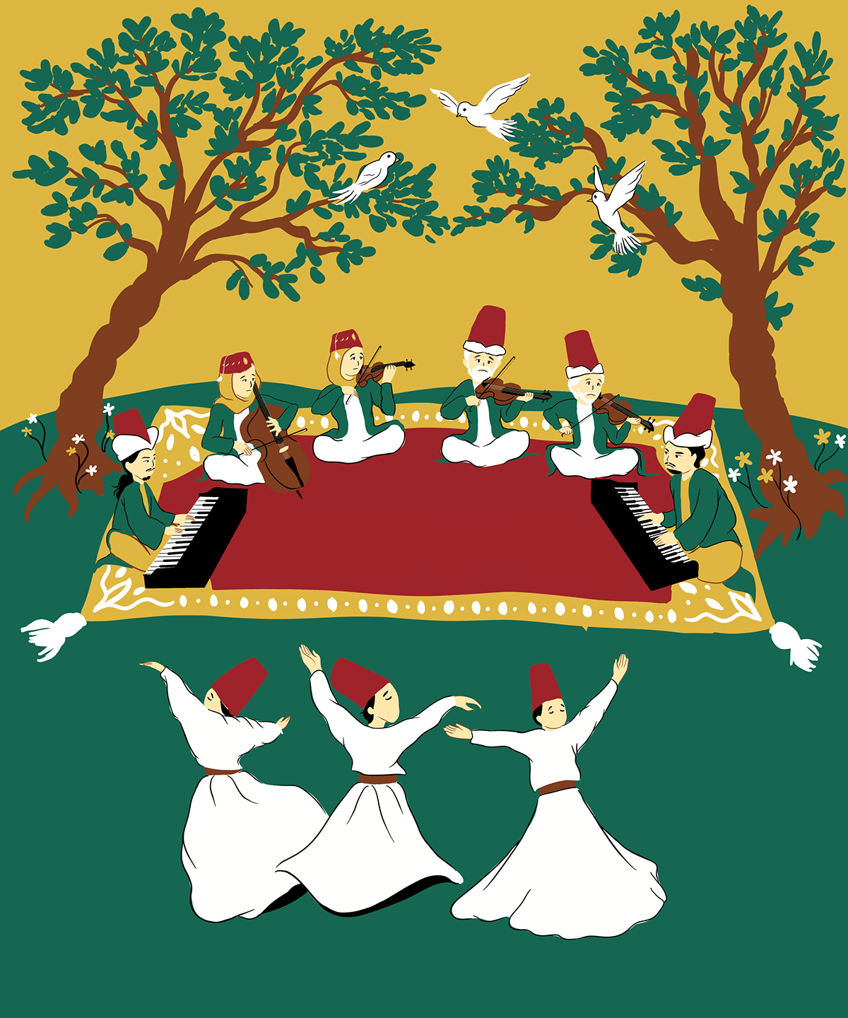 branding  Digital Art  digital illustration ILLUSTRATION  music orchestra Piano poster sufi sufi painting Sufism tshirt Turkey turkish painting Violin Whirling Dervishes 