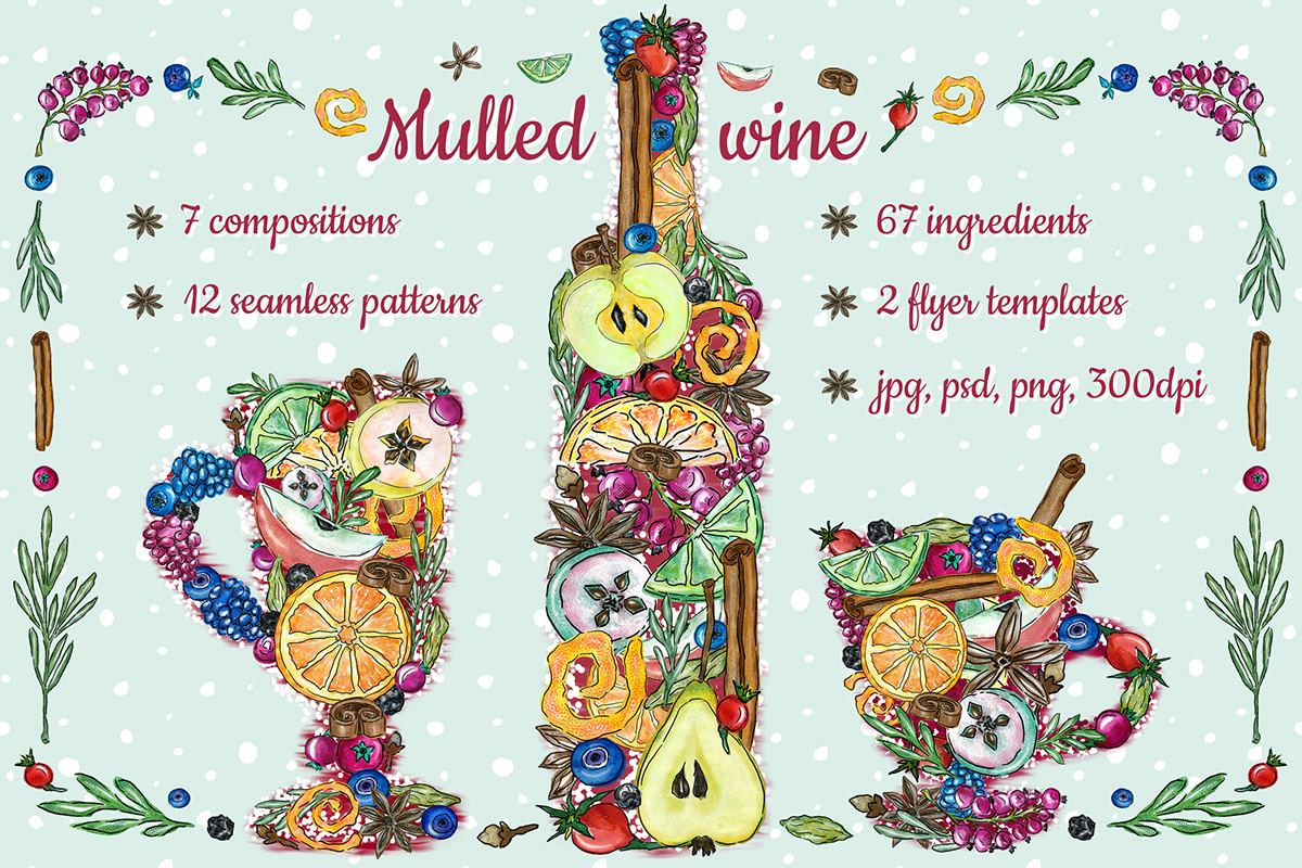 alcohol beverages Christmas drink fruits ILLUSTRATION  menu mulled pattern wine