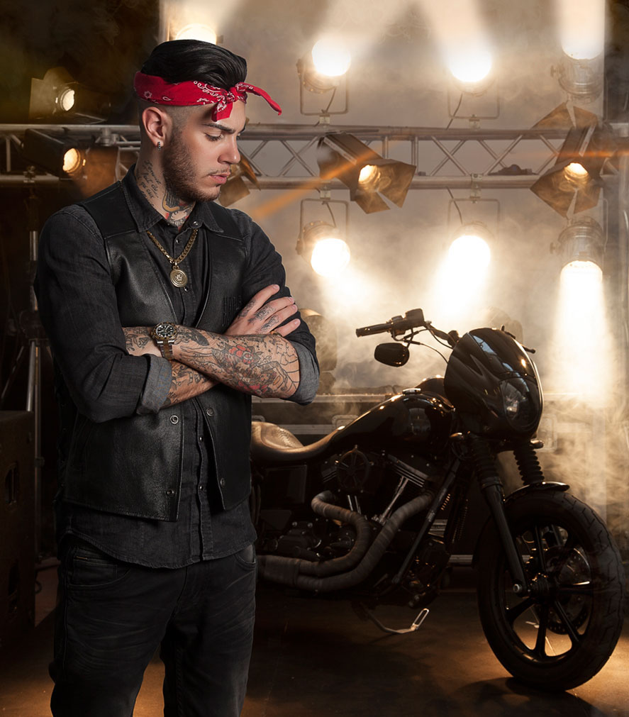 portrait emis killa motorbike celebrities Rap singer tattoo postproduction