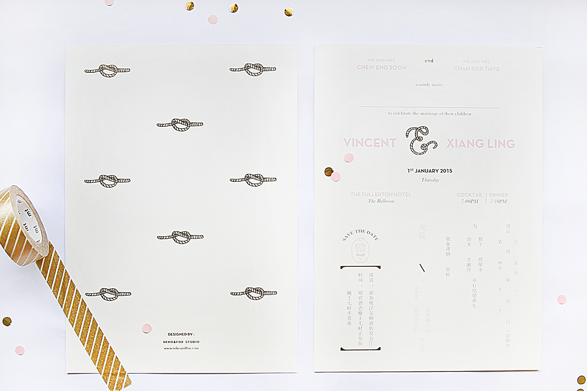 wedding tietheknot stationary bridal cards invites favour envelope map hotstamp gold pink marriage bespoke nekoandfox