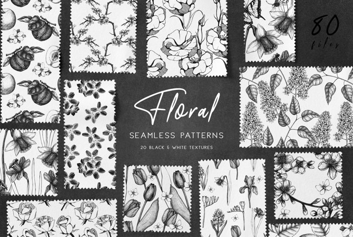 background black and white botanical Drawing  floral flower ILLUSTRATION  paper seamless pattern sketch