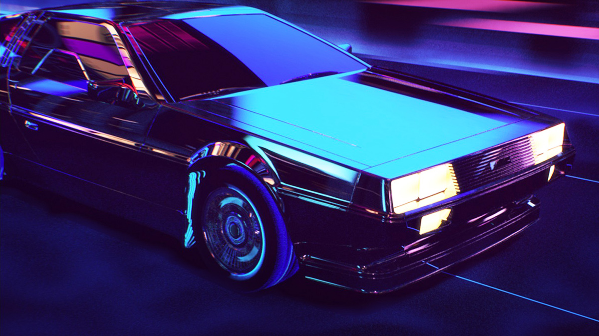 80s Retro wave city DeLorean car future grid wireframe polygon laser Street