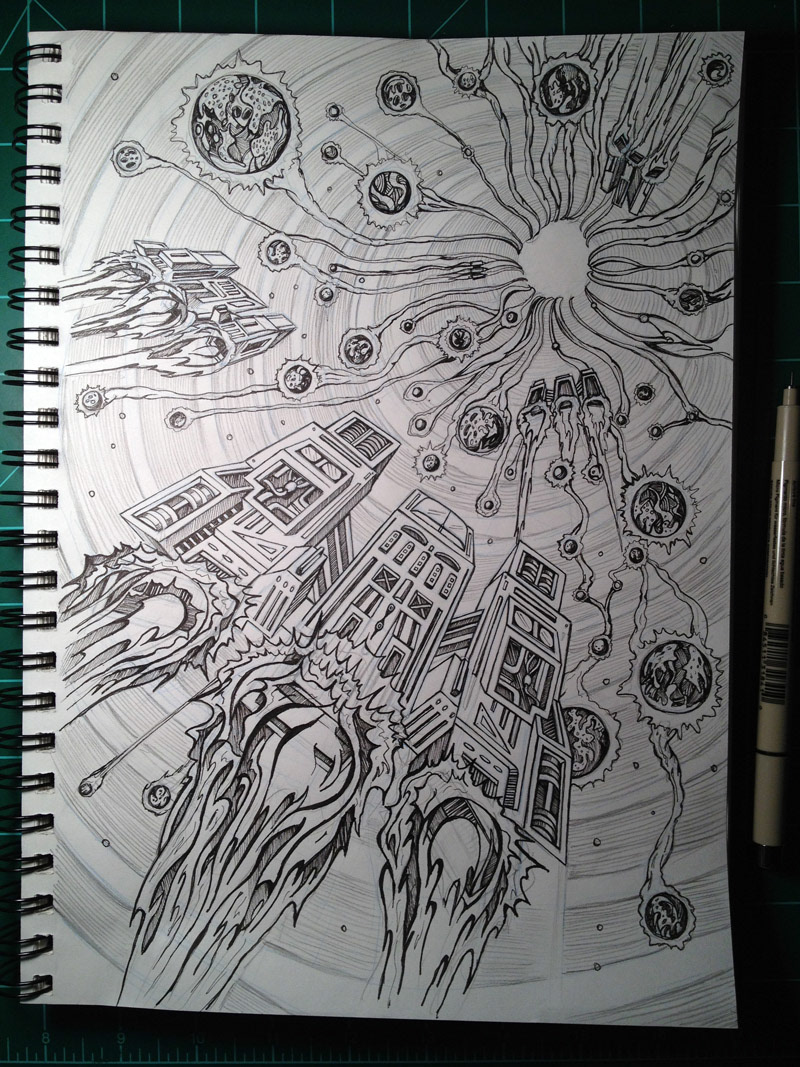 Space  space art sci-fi science fiction wormhole Planets spacehip Warp warp speed pen ink