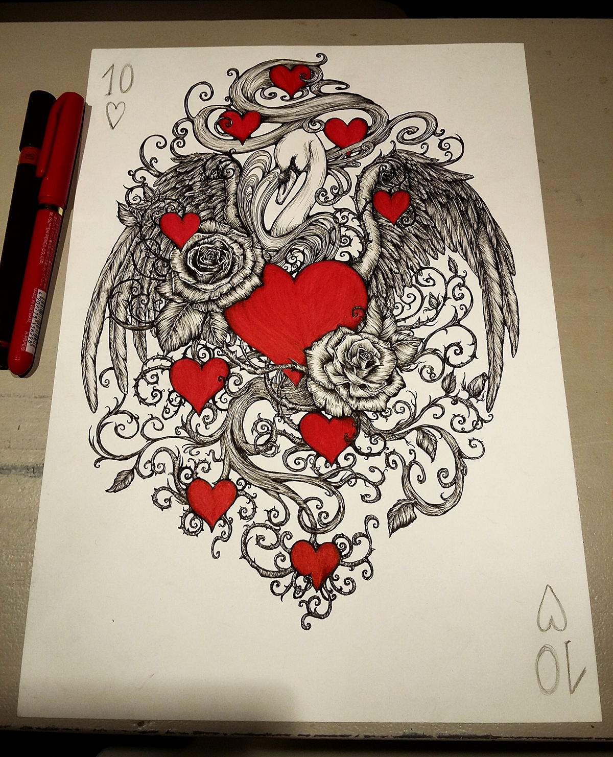 card PlayingArts ink hearts Drawing  Fine Arts  swan wings Love
