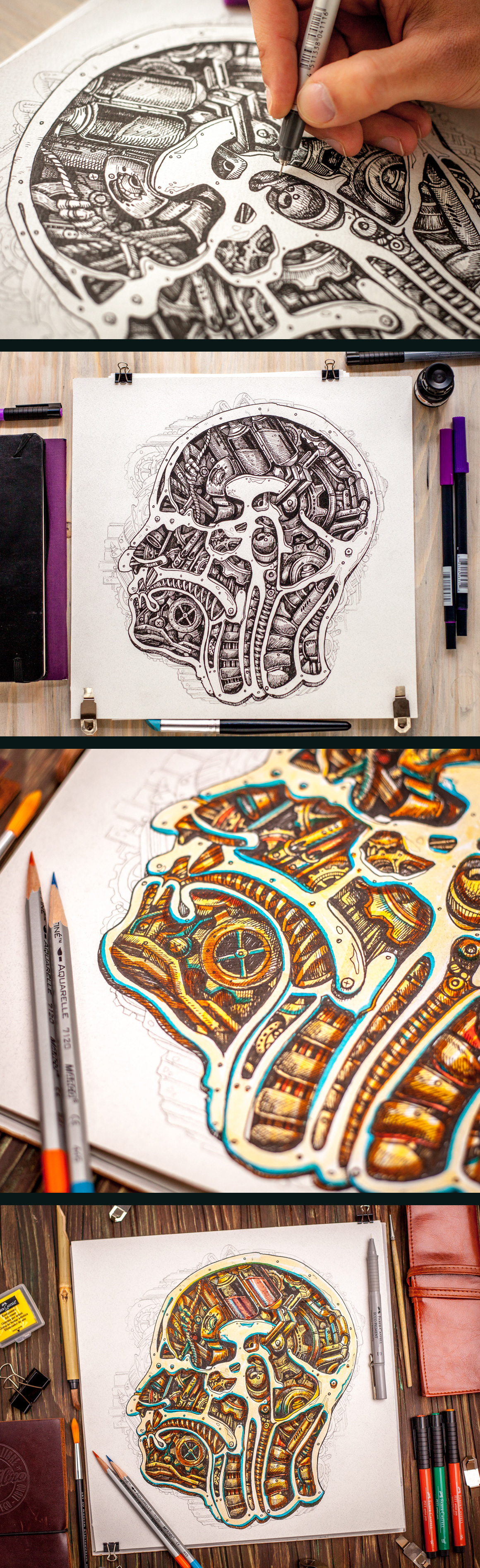 graphic liners sketch STEAMPUNK process head card Character tattoo hobbit Rhino monster doodle letter art