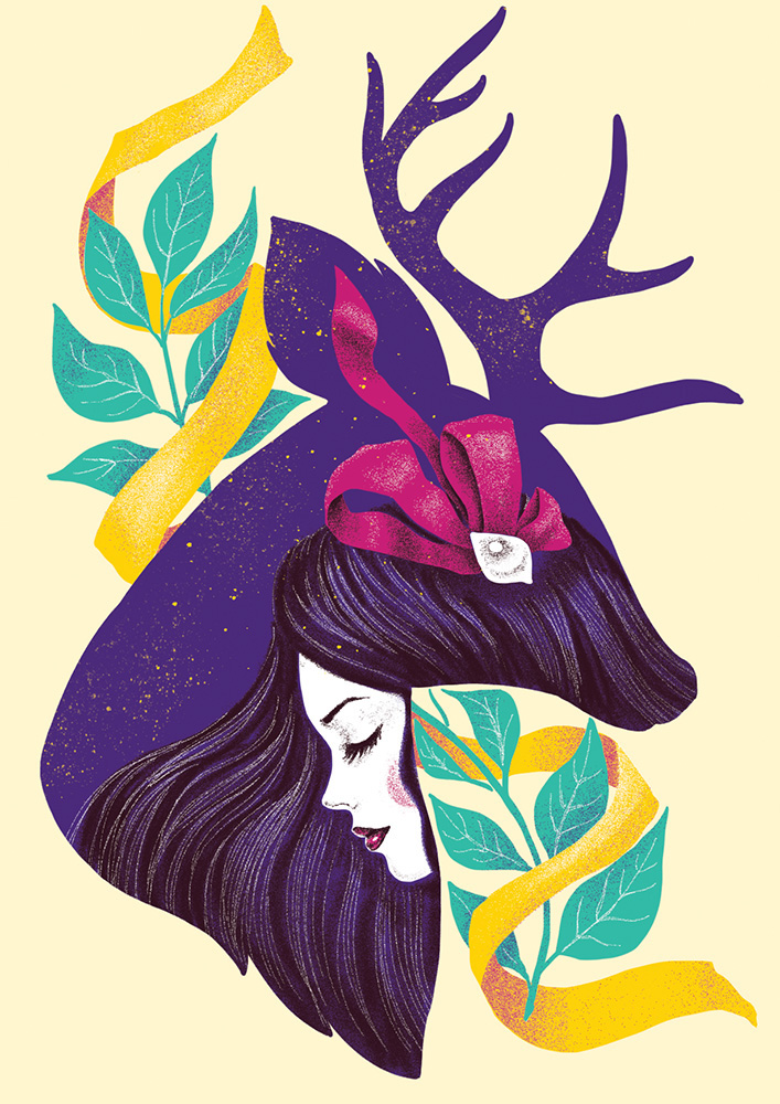 portrait girl deer Silhouette surreal ribbons Octagram violet pink yellow antlers heart crown
