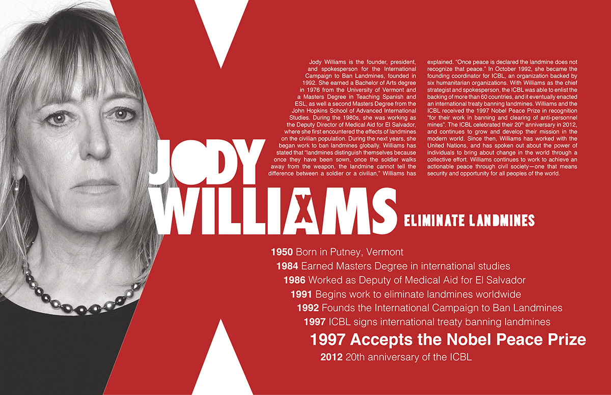 jody williams Nobel Prize peace prize nobel peace poster type landmines World Peace ICBL activism