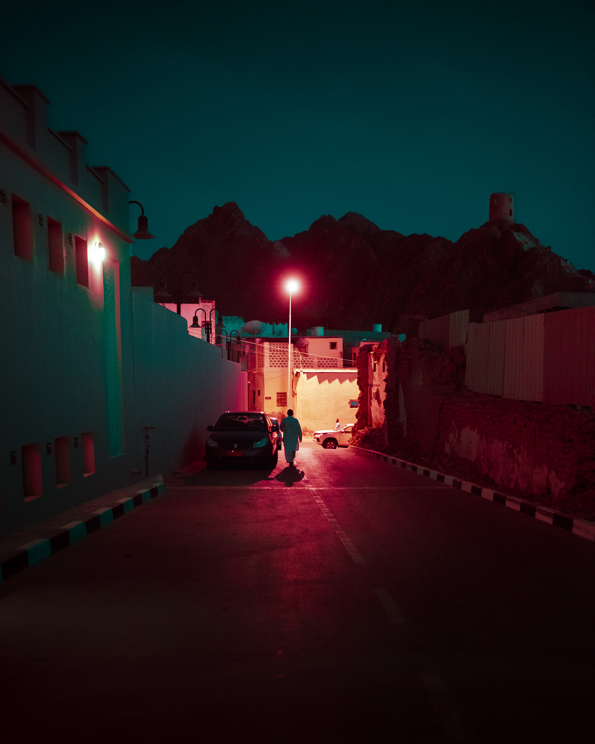 Oman Muscat night Color shift purple cyan dark Street Photography  color palette