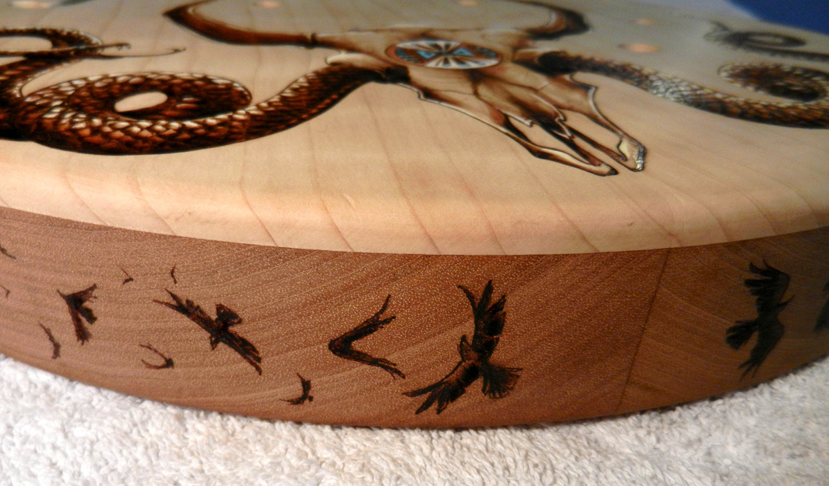 woodburning pyrography electric guitar guitar body buffalo skull Bison skull rattlesnake feathers western flying crows