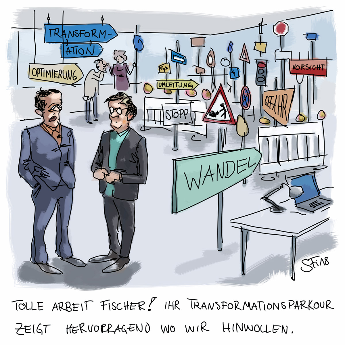 cartoon change Transformation management Leadership strategy visualize moderation graphics
