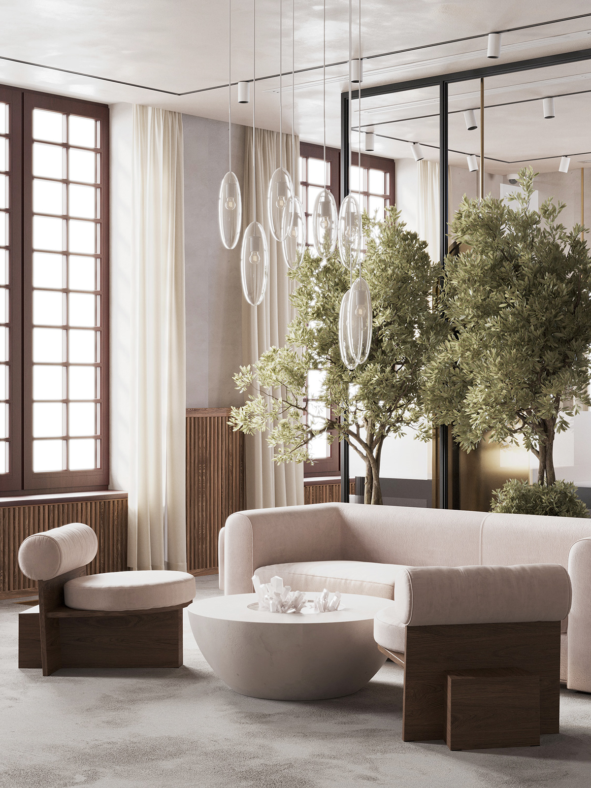 beauty salon brand identity design interior design  Interior living room Tree  beige beige interior салон красоты