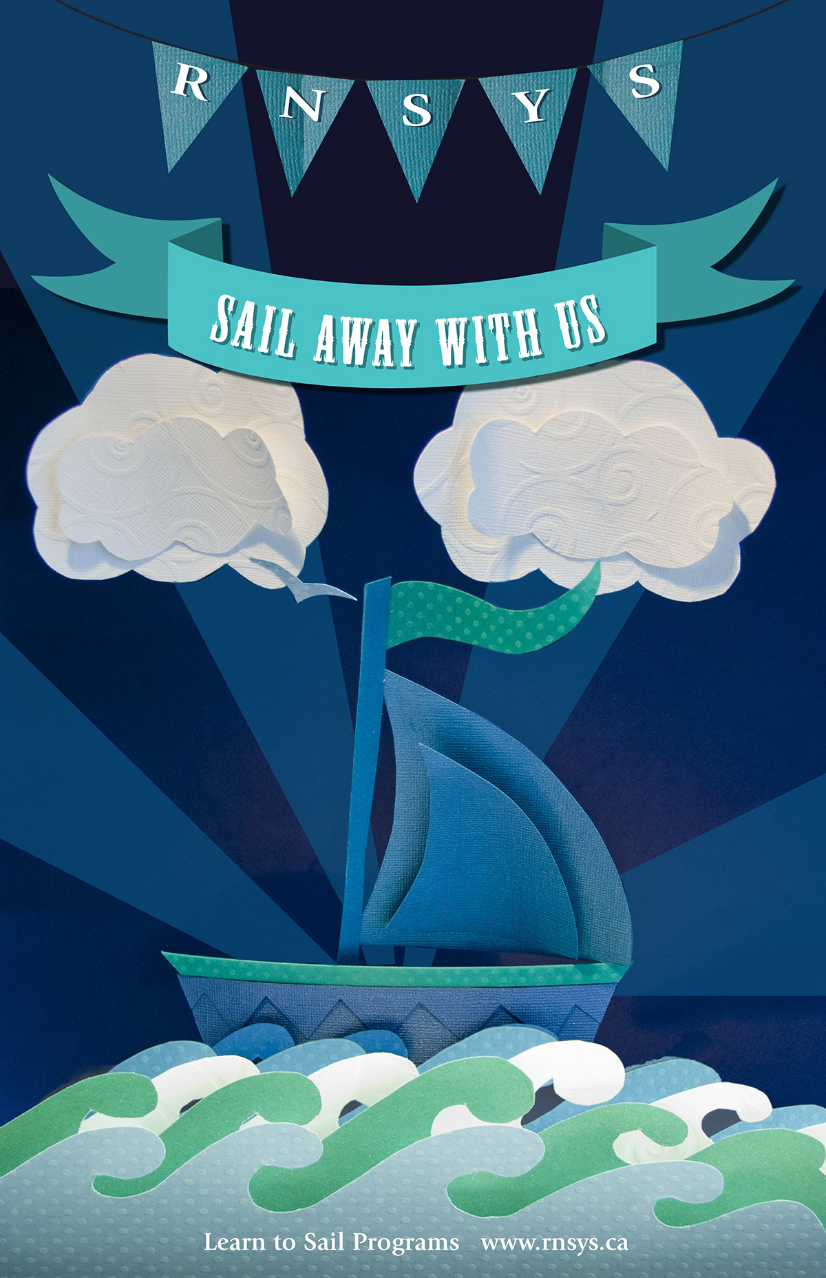 poster 3D sailing waves cloudes banner boat blue