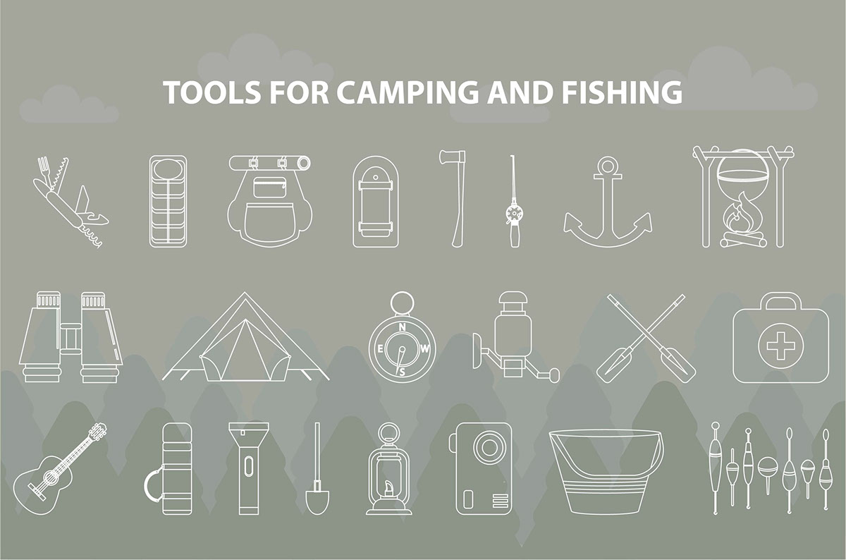 emotion beard fishing camping recreation hiking fishing pole boat floats boots forest lake trees icons bright