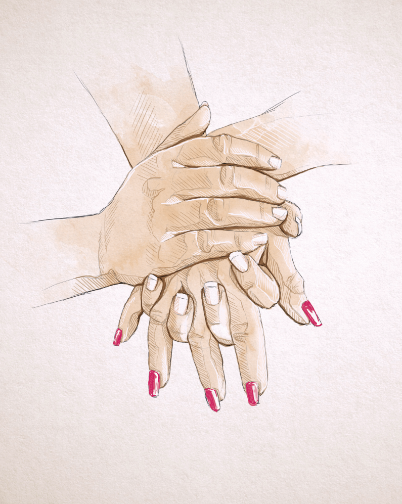 hands Love HoldingHands holding pink nails fakenails fingers mother DAUGHTER loss family watercolor watercolour woman