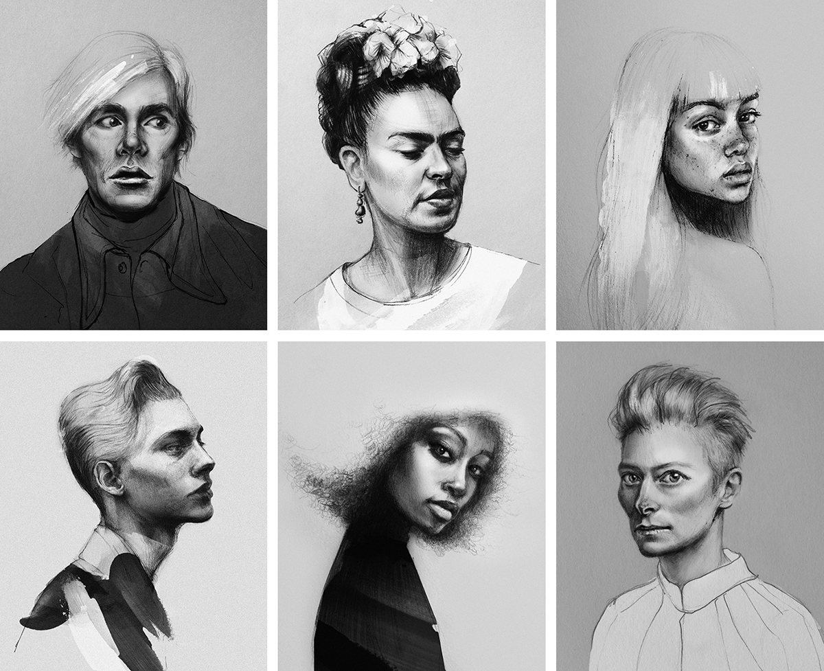 Drawing  painting   portrait face Acrylic paint Andy Warhol Frida Kahlo sketching