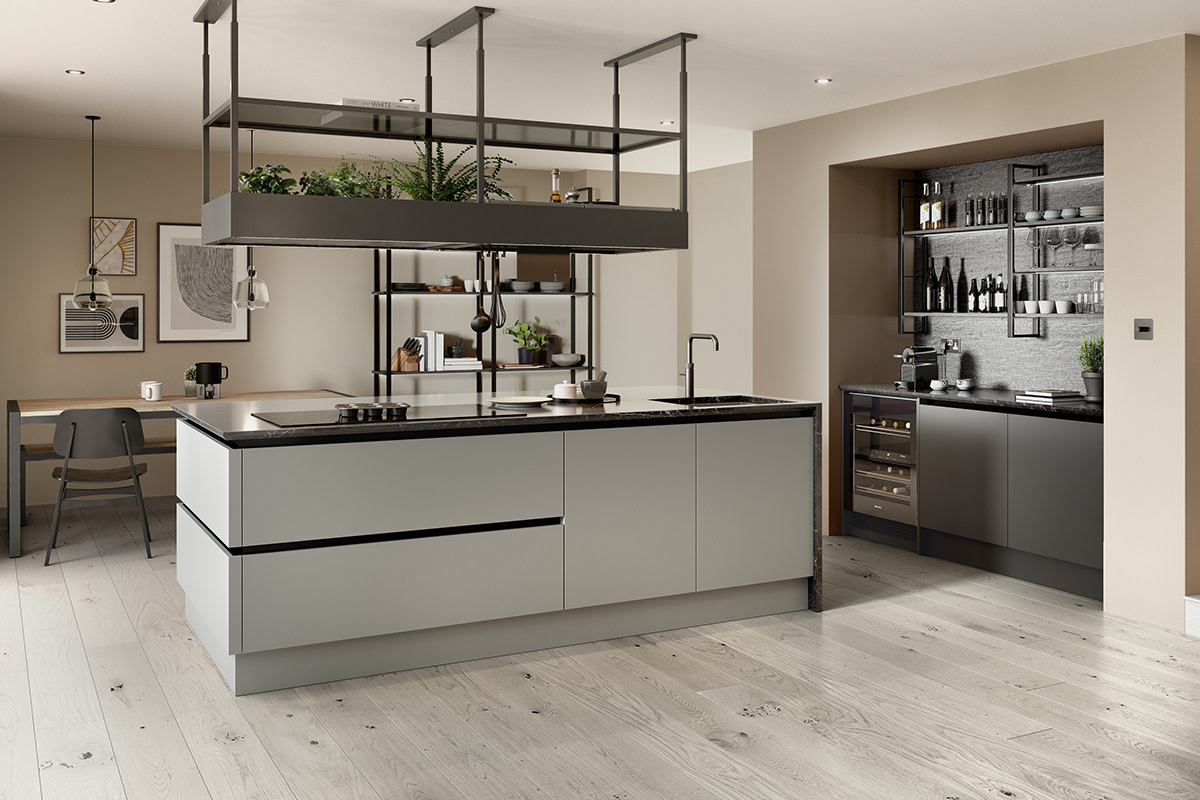 Ultra modern island kitchen and dining room CGI with a bar area and overhead storage