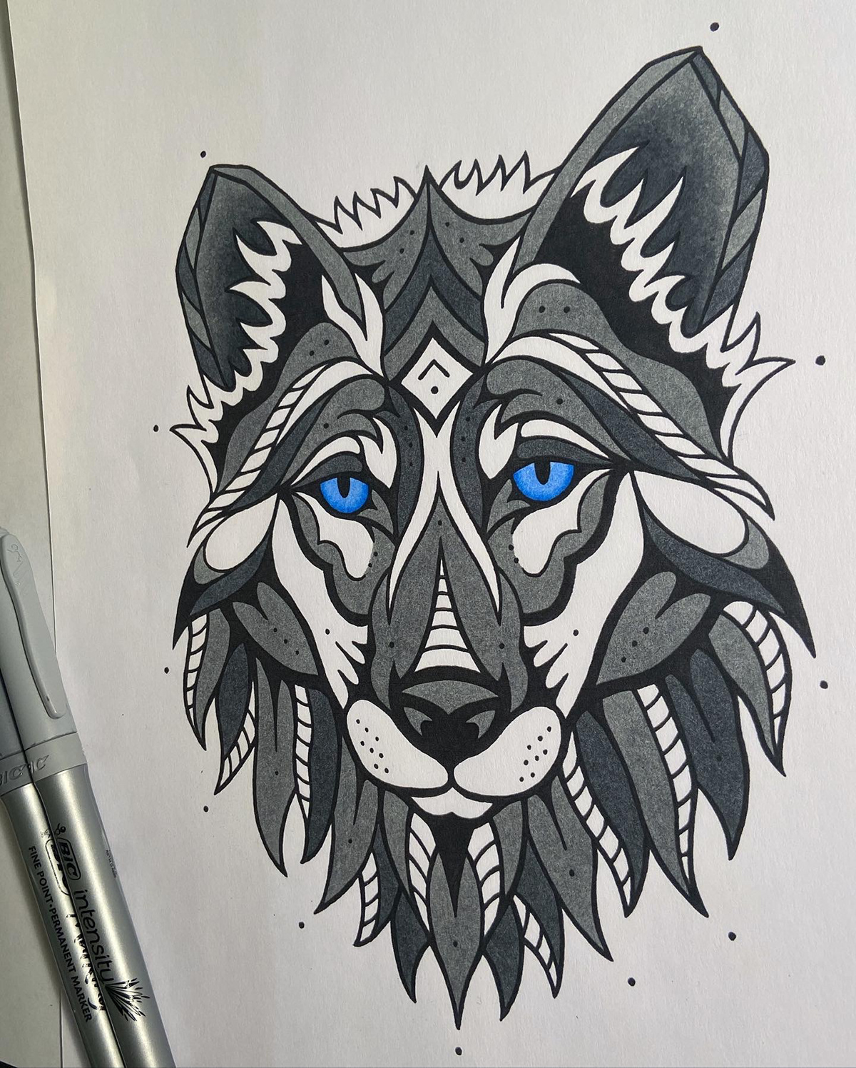 color design Drawing  ILLUSTRATION  ink stencil tattoo wolf
