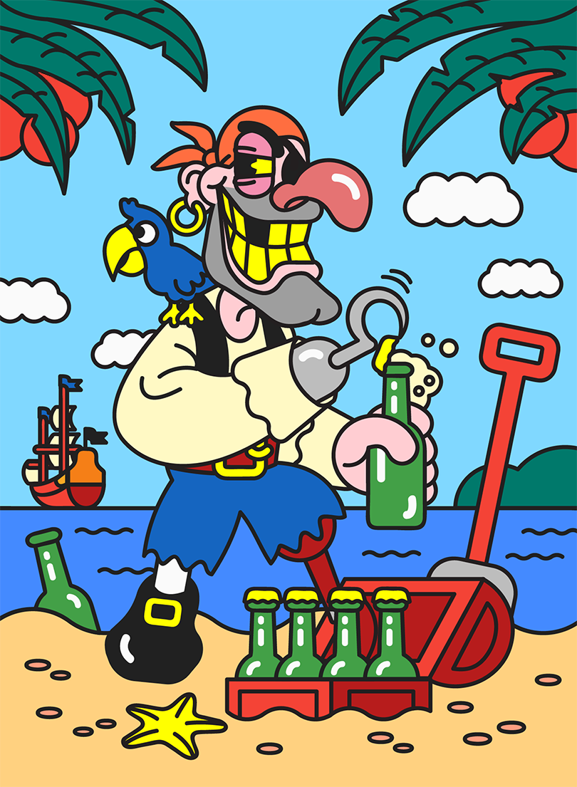 pirate sea beer ship beach colorful bold line cartoon Fun