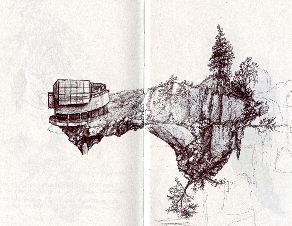 landscapes imagination  sketch  islands  city  drawing pen floating rocks 