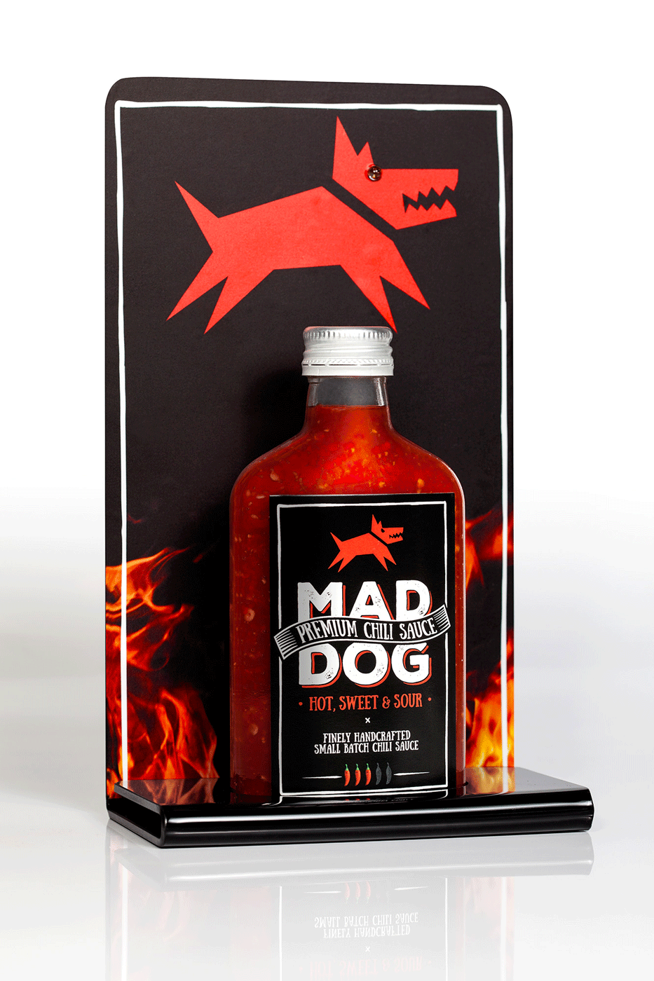 hot sauce Label graphic design  naming Photography  Point of Sale branding  Logo Design Advertising  mad dog