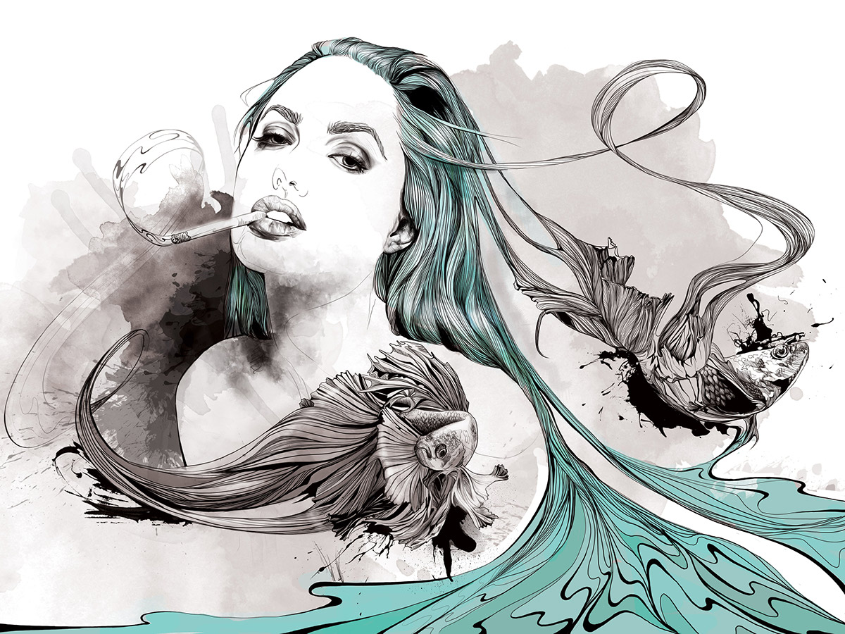 fish girl portrait smoking cigarette blue turquoise escape pretty Angelina Jolie