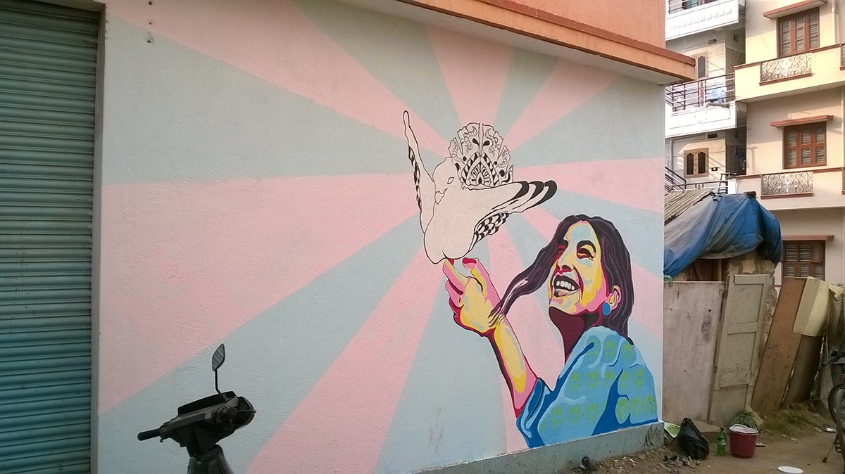 Masakali Mural Street art Saksham  verma sonam kapoor Delhi local vibrant blue pink bird bangalore