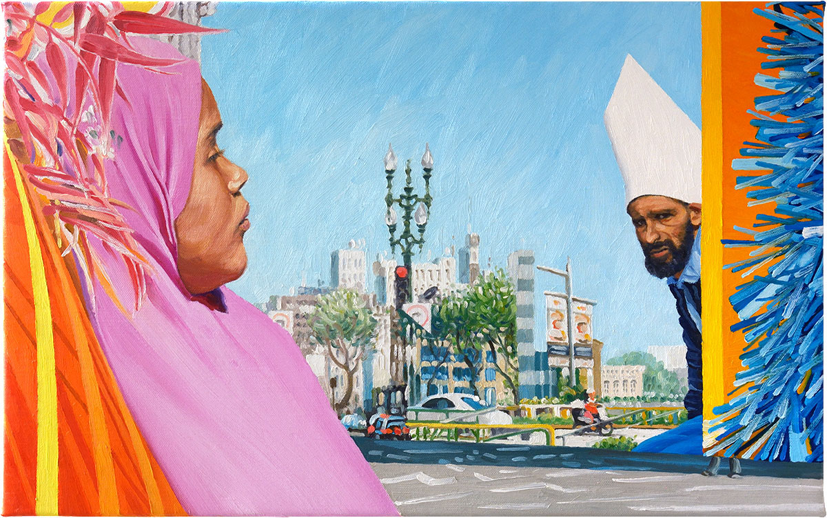 oilpainting oiloncanvas collage muslimah beard manwithbeard strange hat Citylife cityscape decorations surrealism pink man and woman couple meeting