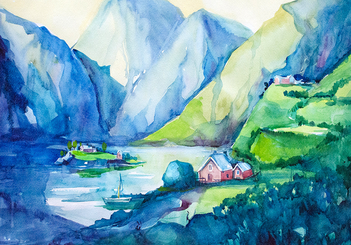 Norwegian Fjords watercolor