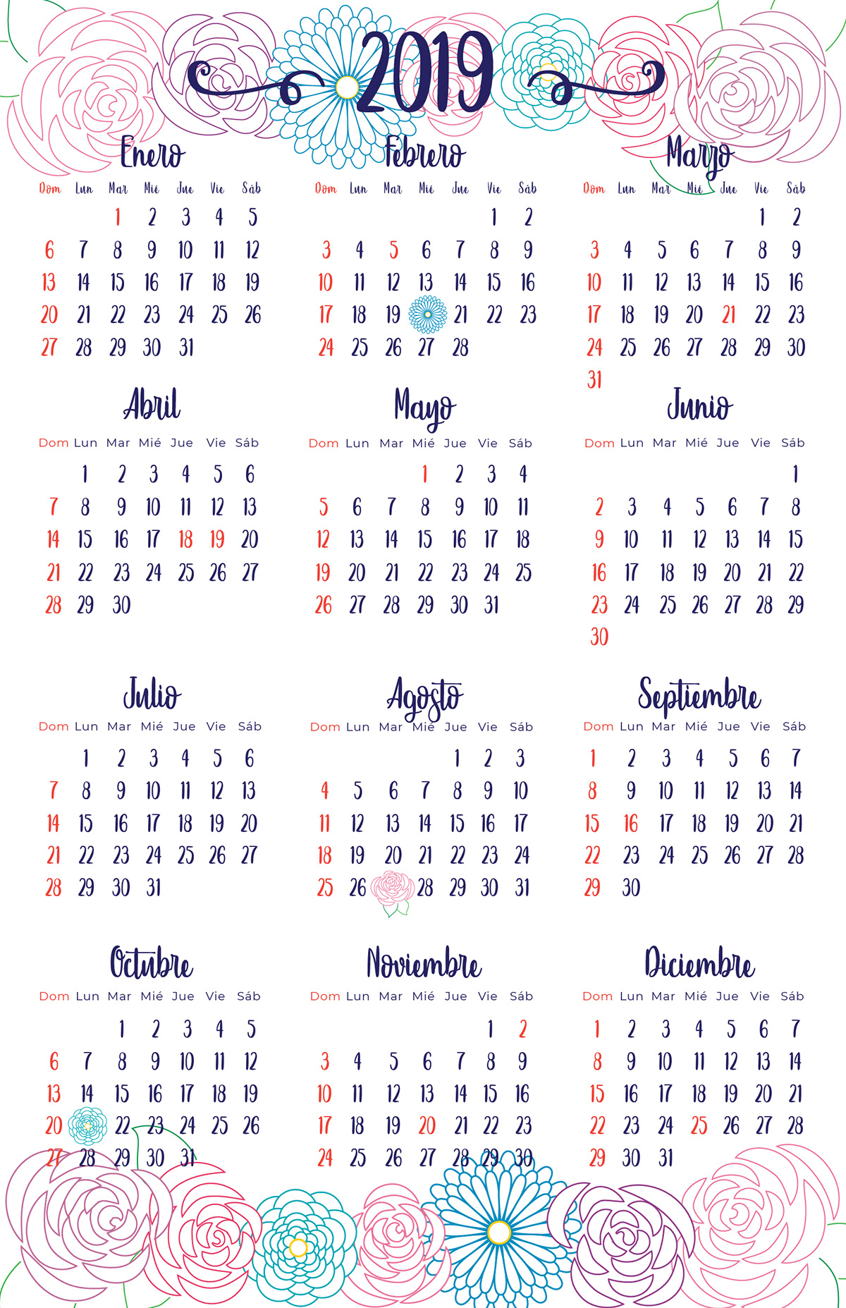 calendario calendar free download descarga gratis Flores Iconos lineas lettering
