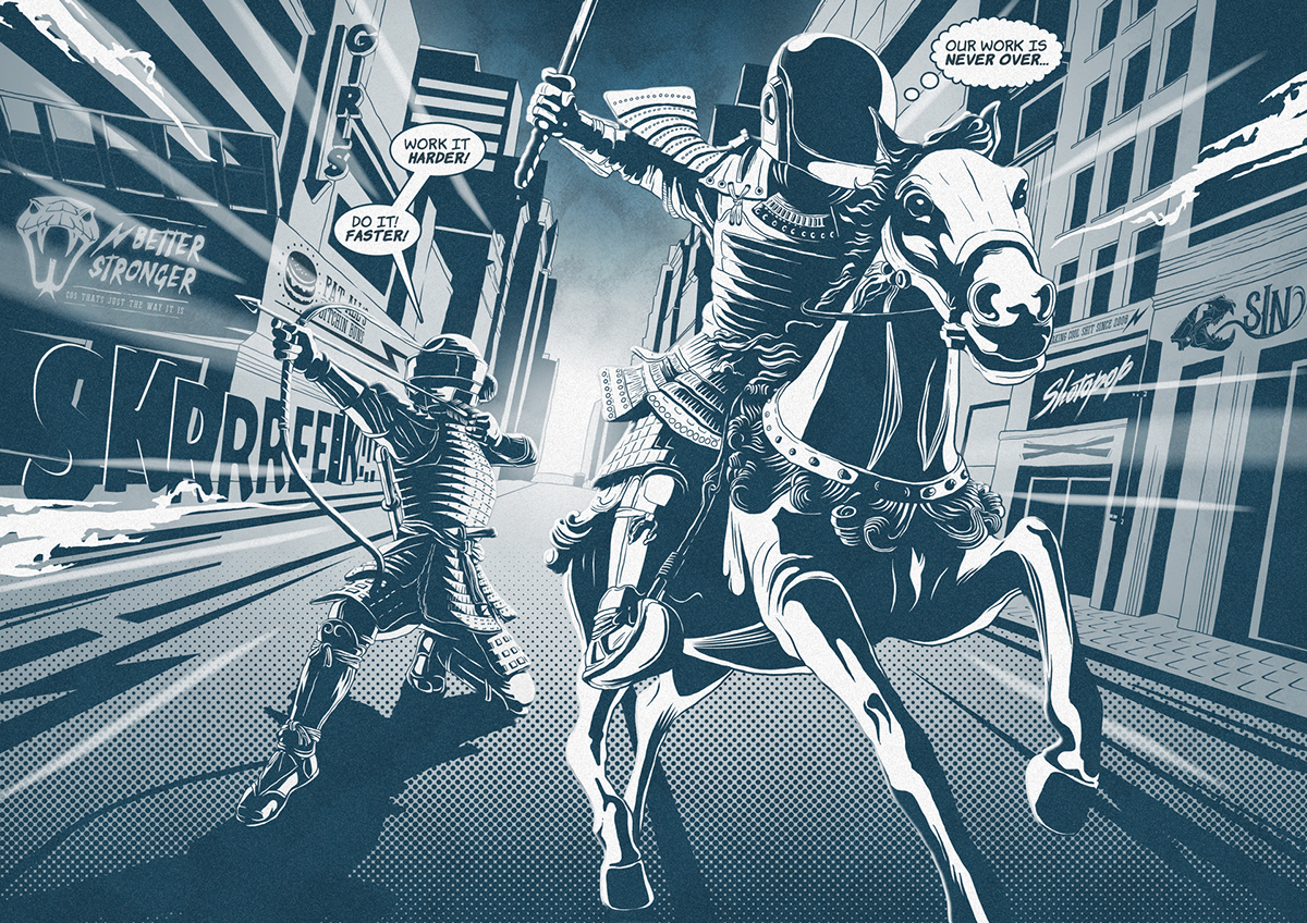 daft punk action city monotone samurai horse fight defend