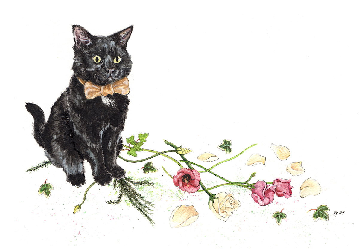 kitten  Black commission wedding present ink watercolour Flowers Bouquet Roses Cat ivy gift Pet