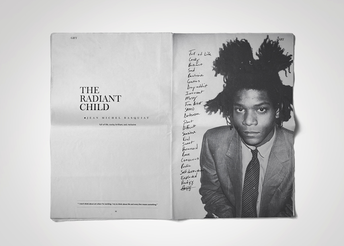 saddle stitch publications design alexander mcqueen Tupac Shakur amy winehouse Jean-Michel Basquiat Jimi Hendrix Creative Genius music artists live fast Elizabeth Gilbert drug overdose suicide newsprint Magazine design