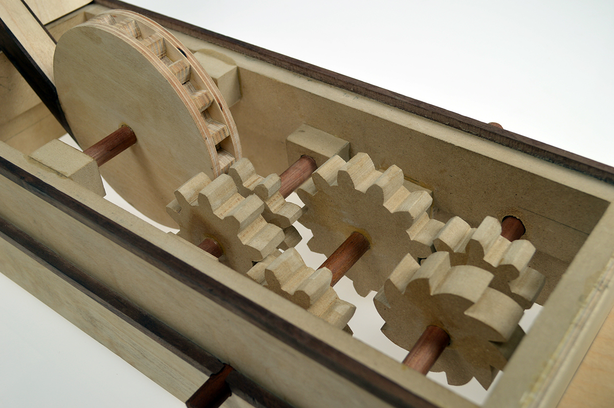 catapult gears clutch toy Spatial Dynamics motion kinetic sculpture Weapon abstract woodworking walnut box craft wood