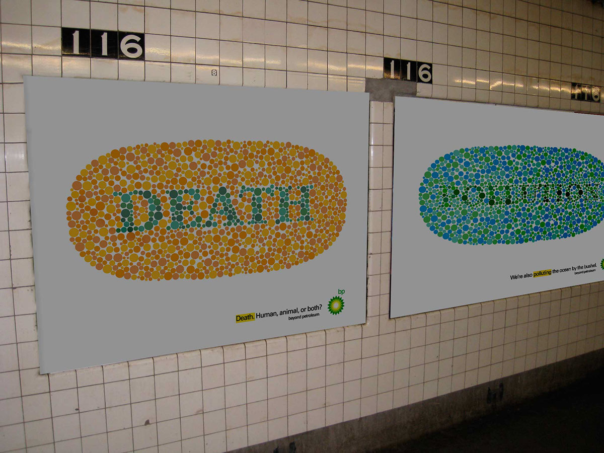 ishihara bp subvertisement colorblind british petroleum subway advertisement pollution