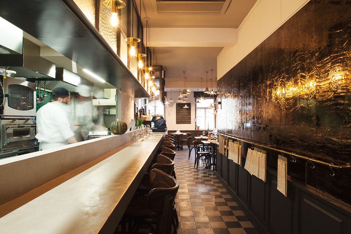 wood brass light restaurant kitchen tiles Black&white green