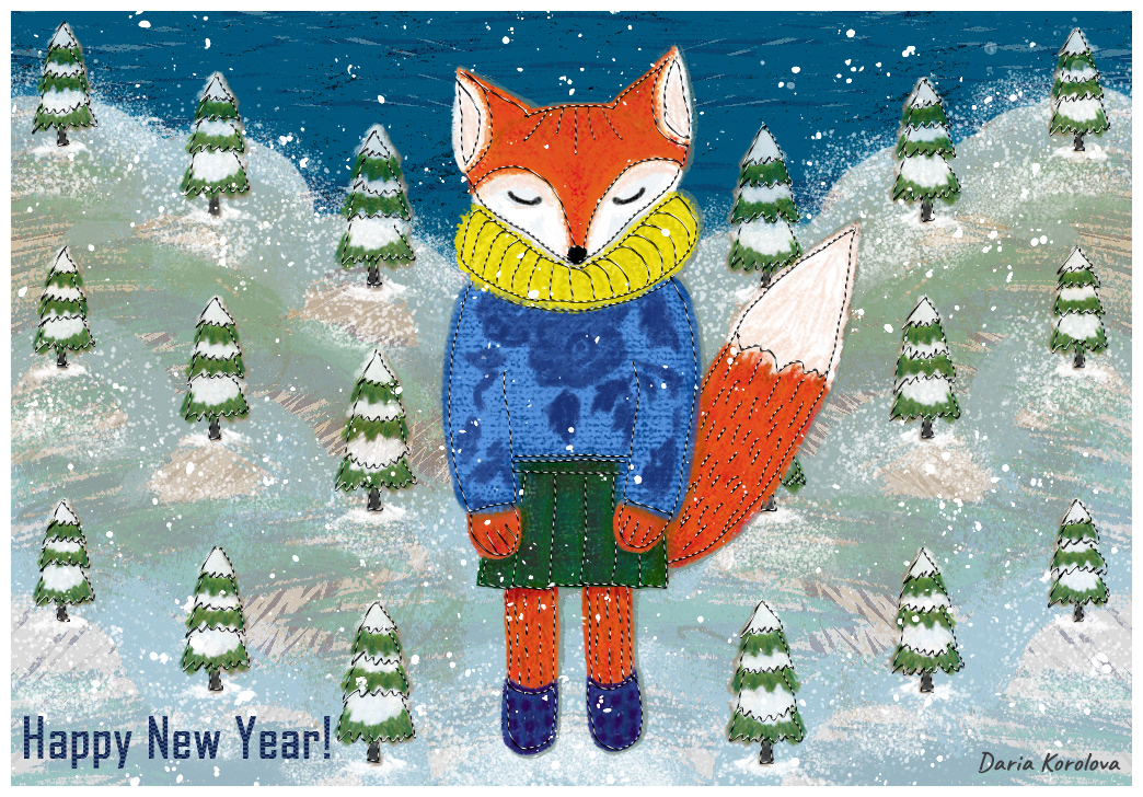 FOX brooch ILLUSTRATION  Christmas snow new year Postcadr christmas Tree textile fabric