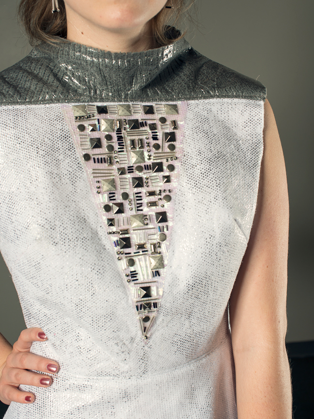 knit vinyl futuristic metallic conceptual Technology jewelry dress retro-futuristic foiled embellish
