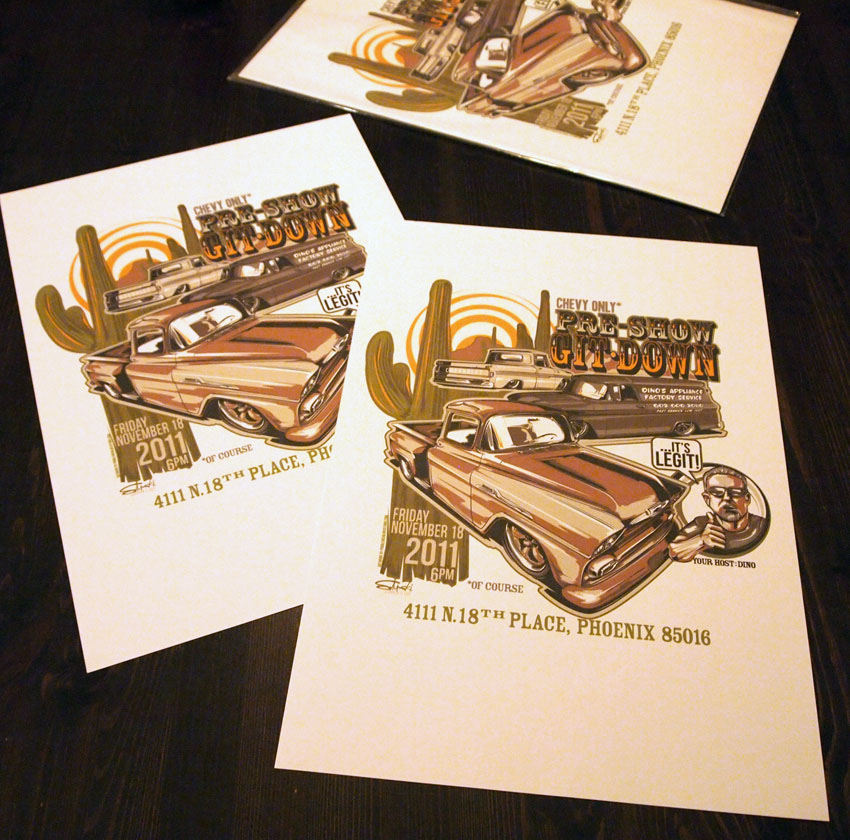 apparel apparel graphics tee t-shirt cartoon hot rod Truck poster desert cactus Sun Show party gig poster ad souvenir print