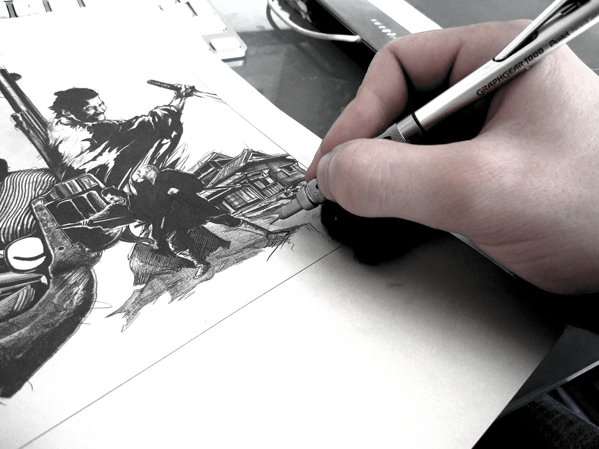 yojimbo japanese  film concept  drawing  digital magazine commission hand drawn traditional design Gun Hero